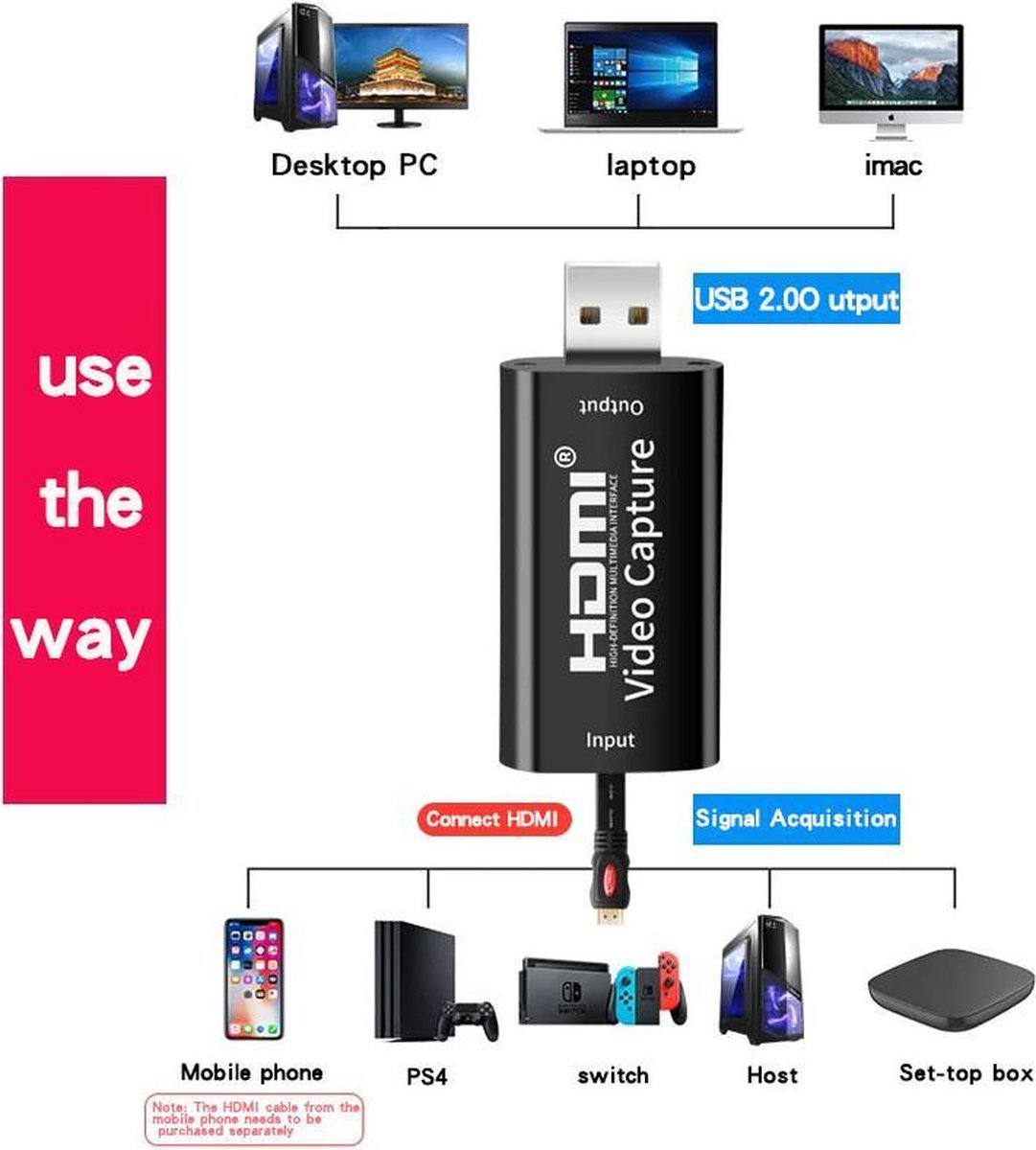 CAPTURE CARD | CONVERTEER HDMI  naar USB | PLUG & PLAY|GESCHIKT VOOR O.A. NINTENDO SWITCH, PS, XBOX | MOBIEL GEBRUIKEN ALS WEBCAM | MOGELIJK OM TEGELIJK DE HDMI OUTPUT TE ONDERSCHEPPEN EN DE WEBCAM TE GEBRUIKEN| WINDOWS, MAC & LINUX